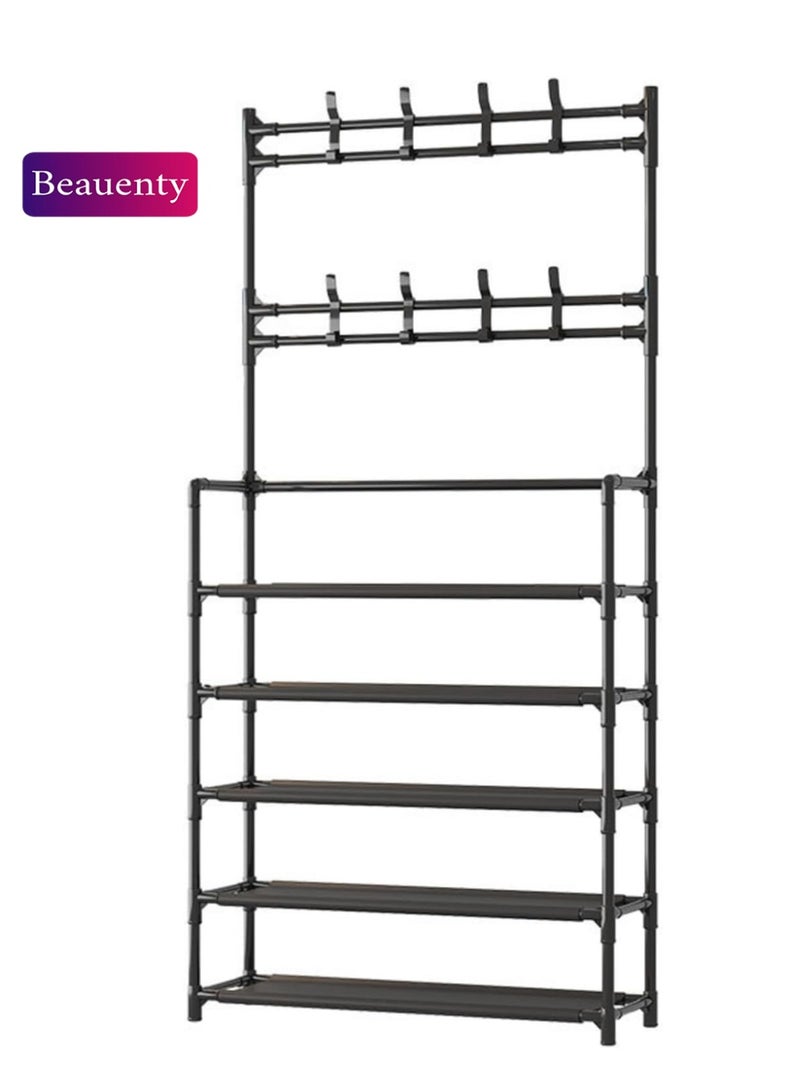 بيوينتي حامل أحذية متعدد المستويات مع خطافات تعليق، منظِّم تخزين 7 طبقات، هيكل فولاذي، ارتفاع 170 سم (أسود) - Image 1